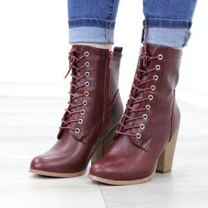 Lace-Up Block Cone High Heeled Ankle Boots Synthetic Leather
